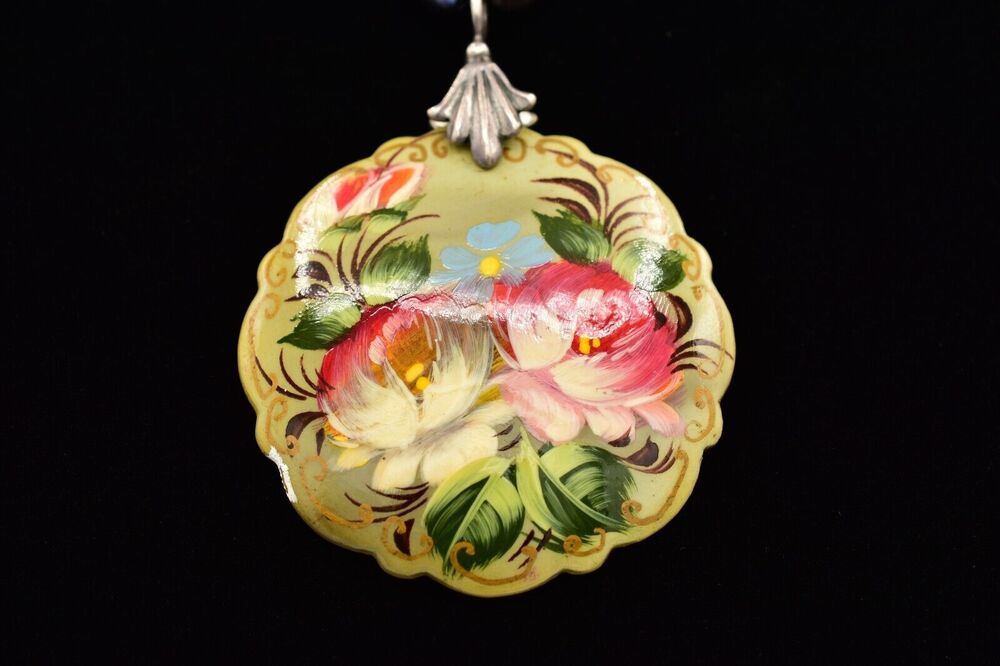 EXEX Necklace Pendant Hand Painted Tahitian Black Pearls 925 Silver Chain BinK